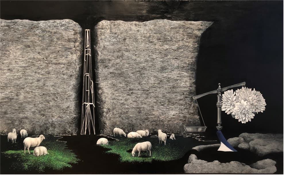 김유나, 어느어떤곳, 판넬에혼합재료, 105x175cm, 2018