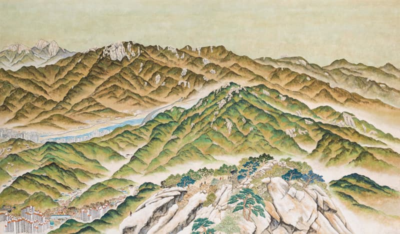 조풍류, 불암산에서 바라본 수락 도봉 삼각산_캔버스천에 먹 호분 분채 석채_130x220cm_2017