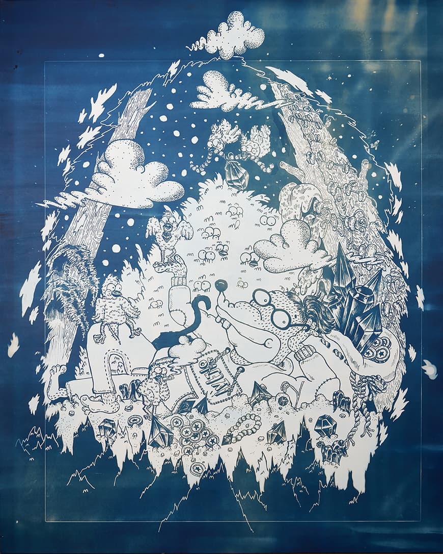 김두희, 보물사냥꾼, 2019, Cyanotype of pen drawing, 162 x 130 cm