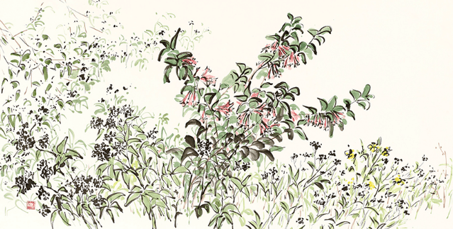 병꽃과 냉이 wild flowers, 126x65cm, 수묵담채, 2013