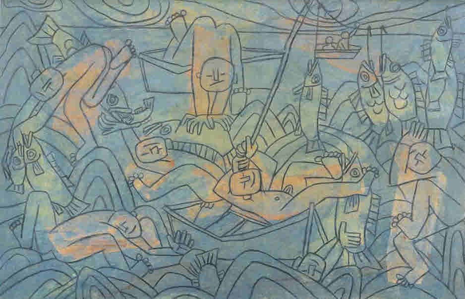이중섭, <바닷가의 아이들> 1952-53년 종이에 연필 수채, 32.5 x 49.8cm