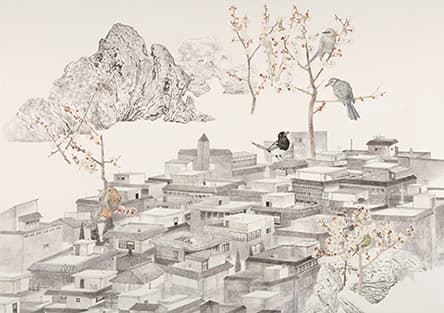 진민욱_연희매화작필도(延禧梅花雀鵯圖)_장지에 수묵채색_121.5X171cm_2016