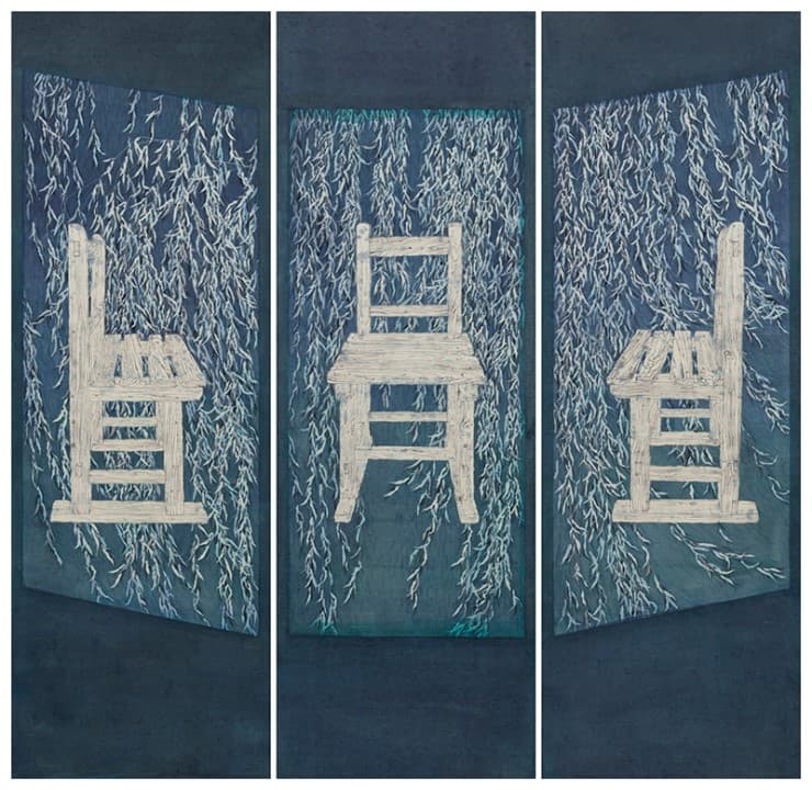 이진이, 柳暗(유암); 버드나무 잎이 무르녹아 어둡게 푸르다, 각 192x65cm (3점), 장지에 채색, 2017