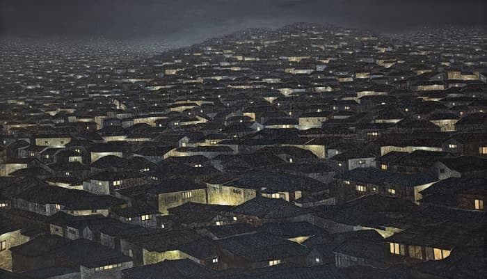 정영주, 도시-사라지는 풍경, 73x53cm, 캔버스위에 한지, 아크릴릭, 2012