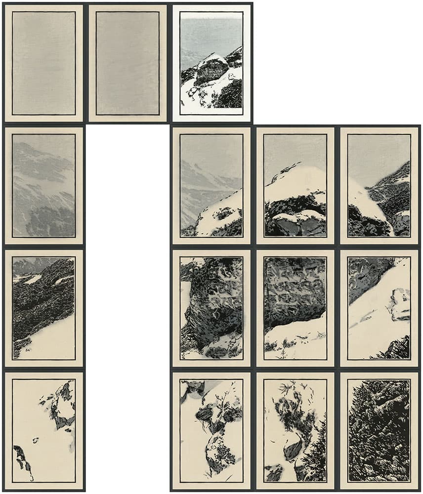 화보-Beyond the Stone, 한지에 목판, 수채화물감, 유성잉크 검정 프레임, 가변설치, 각 31.1×21.1㎝, 2021
