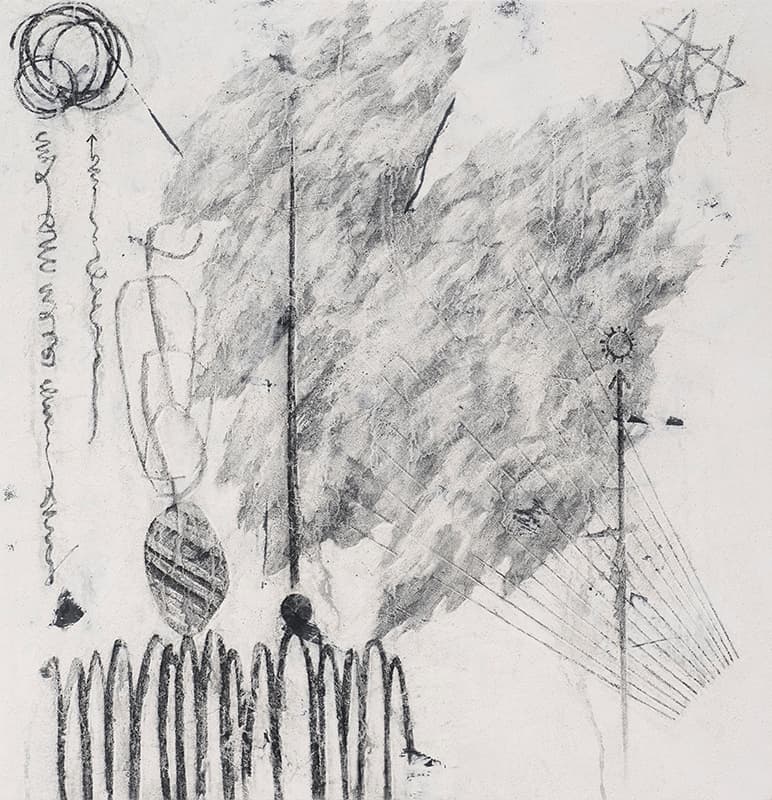 이재훈, 조원술(造園術) 연습(Gardening practice), 2019, 벽화기법(장지, 석회, 먹, 목탄, 목탄가루, 아교, 수간채색), 89×91cm