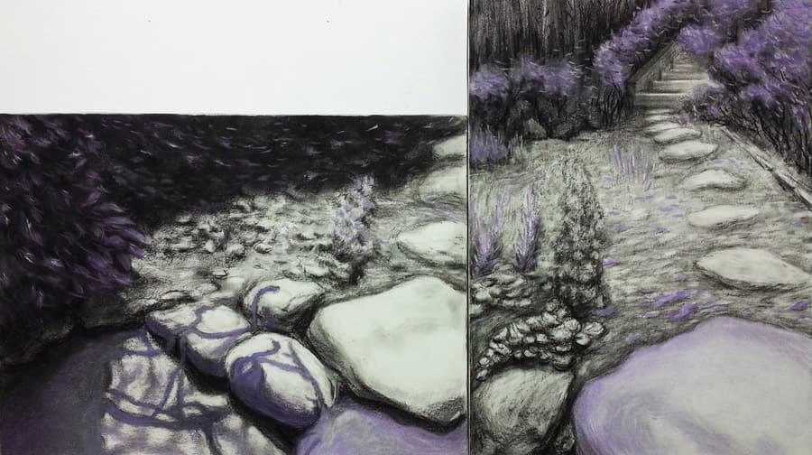 하태심_ The Garden, Purple_ 41x70.5cm_  Charcoal Pencil and Pastel on Paper_ 2015