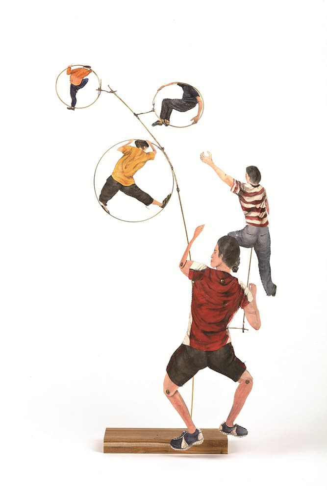 쿵 하면 흔들리는 세계_paint on paper, copper wire, steel wire, wood_dimensions variable_2021