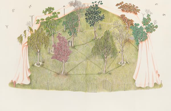 임현경, 정원의 커튼_145x223cm.비단에 수묵 담채.2018
