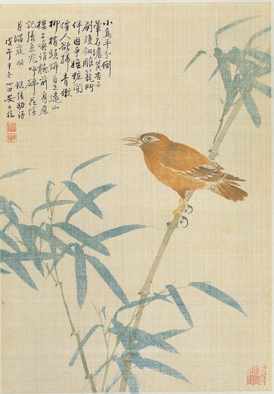 <녹죽소조>(綠竹小鳥: 푸른 대나무와 작은 새)  견본담채, 23.7×34.0cm