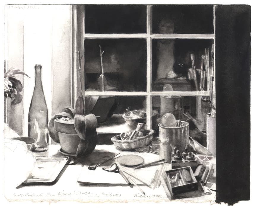 Charles Ritchie, Self-Portrait with Studio Table, 2006 watercolor and graphite on Fabriano paper 15.9 x 12.4 cm (6 1/4 x 4 7/8 in) ⓒ Charles Ritchie
