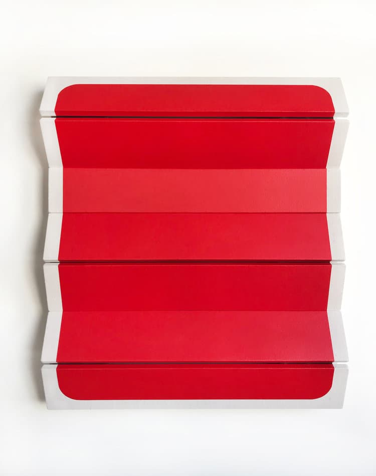 Robert Moreland, Untitled Blunted Red, Drop cloth on wooden panel with acrylic paint, tacks, & leather hinges, 86.4 x 76.2 cm, 2018