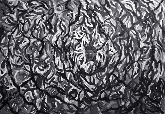 곽상원, 불이 되어 버린 사람, 210x145cm, 장지에 아크릴,오일, 2017