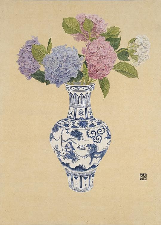 이정은, LEE Jungeun, 화병에 담긴 풍요-수국, 106x76cm, 장지에 채색, Coloring on Korean Paper (Jangji), 2016