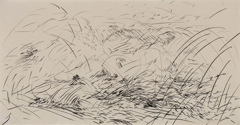 권혜성, <하도 바람이 불어서 파도가 안개처럼 흩어진> 장지에 압축목탄, 75x145cm, 2019