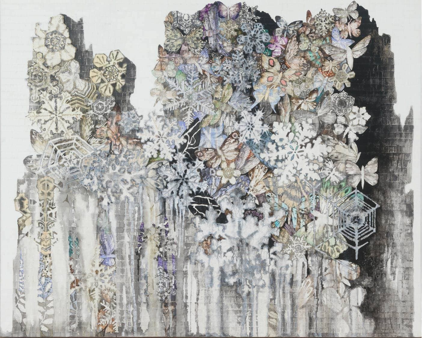 구본아, Face to the wall, 2016, 한지 꼴라쥬 위에 먹과 채색, 금분, 은분, 130x160cm