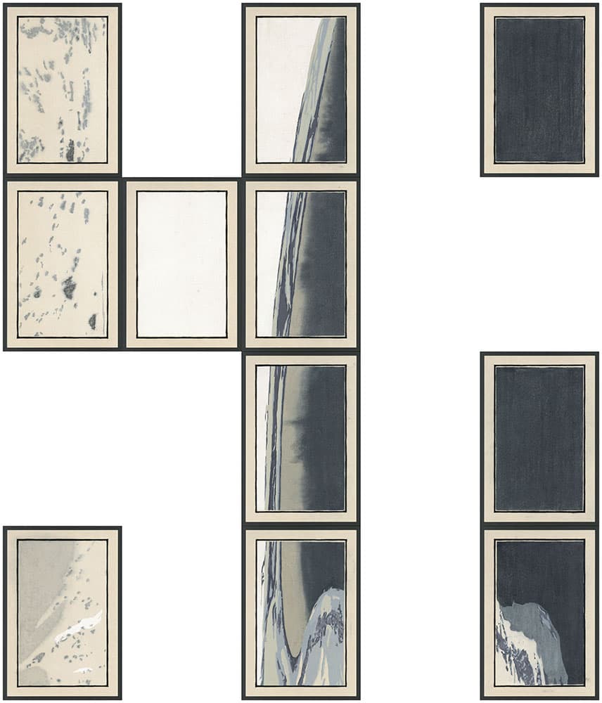 화보-The Lake, 한지에 목판, 수채화물감, 유성잉크 검정 프레임, 가변설치, 각 31.1×21.1㎝, 2021