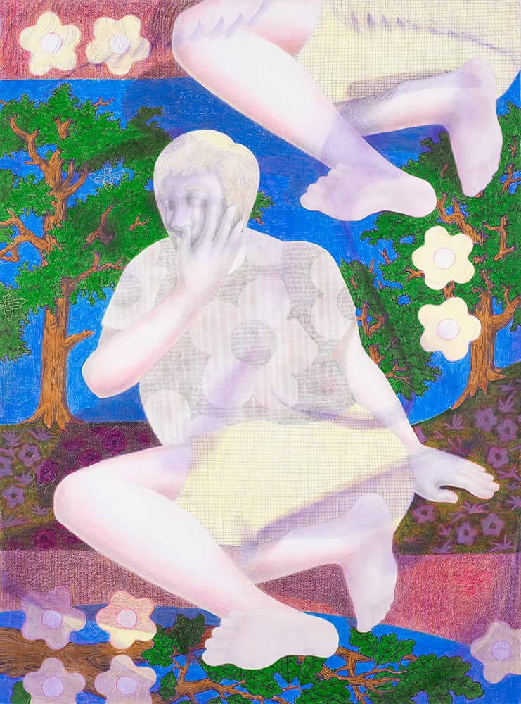 Lucas Kaiser, Oaks, 2022, pencil and pigment on cardboard, 76 x 56 cm