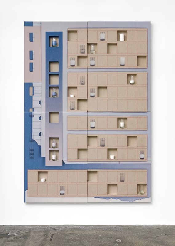 유지영_Anti-Sea_UV print and coloured pencil on linen, plaster, acrylic paint, gel wax, glass_200x140x5cm_2019