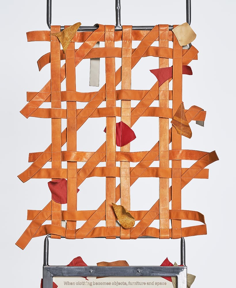 Hansol Kim_When clothing becomes object, furniture and space_2021_Leather, plywood, steel, bolts and nuts_89 x 7 x 321 cm