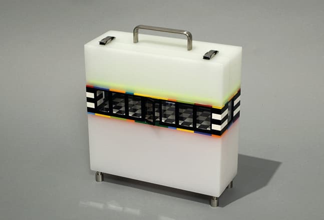 Jaye Moon, Hildi's Kitchen, 2005, Legos, stainless steel and plexiglas, 12 x 10 x 4 inches