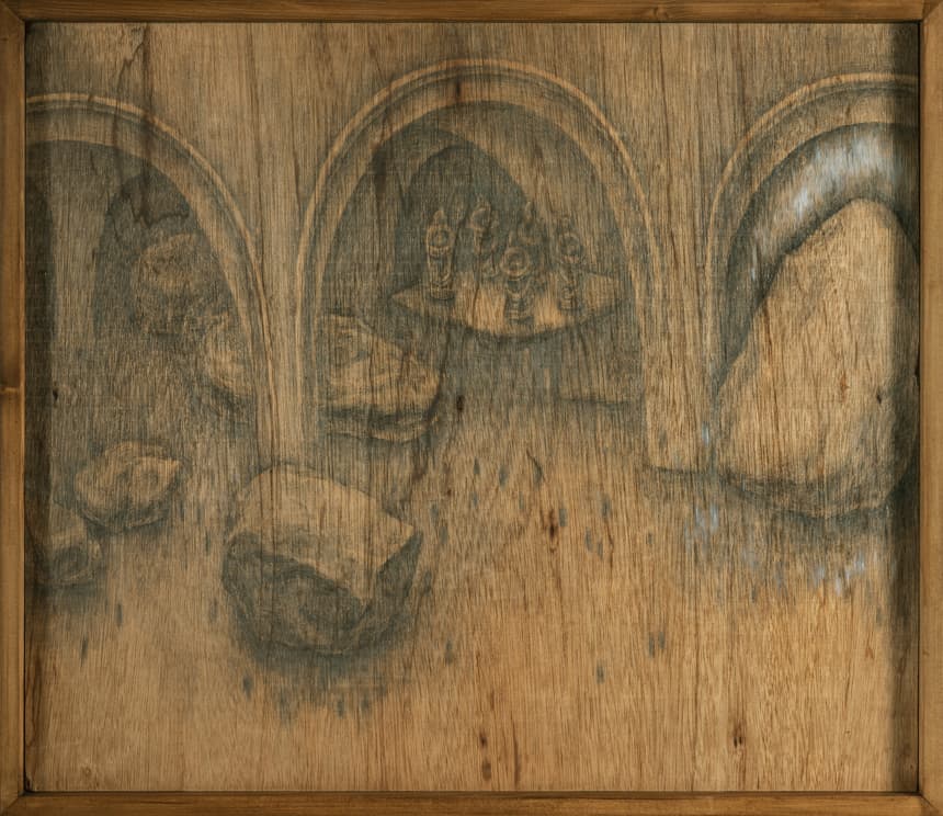 이지원, 아치와 광장, 나무판넬에 연필, 유화, 색연필, 73x63cm, 2019