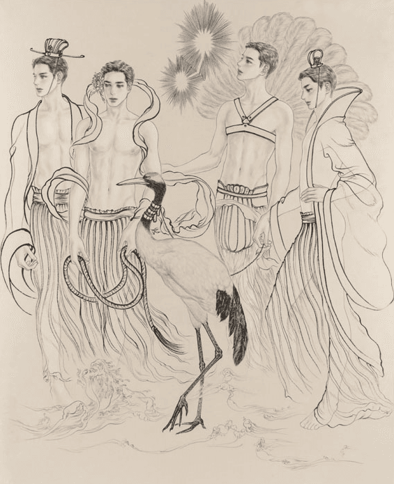 김화현, The March of the Immortals, 162x650cm, 순지에 수묵 담채, 2017 (부분)