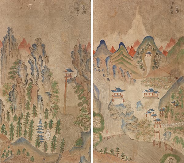관동팔경도 8폭 중 2폭, 關東八景圖, The Eight Scenic Views of Gwandong 19세기 후반, 종이에 채색, 57×31.5cm(8)
