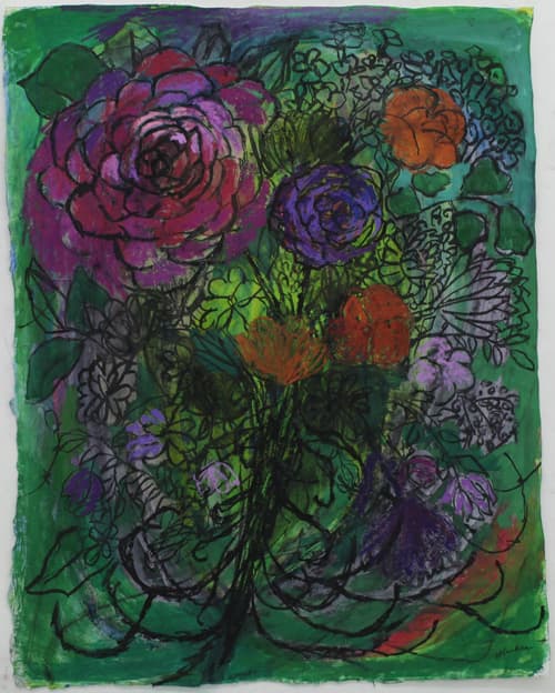 허윤희, 녹색 꽃다발, 82 x 64, acrylic, charcoal, oil pastel on paper, 2017