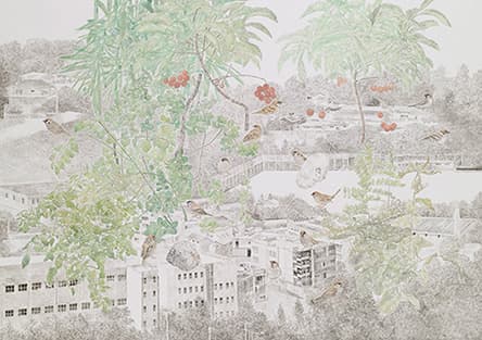 진민욱_성북남만시소조도(城北南滿柹小鳥圖)_장지에 수묵채색_121.5x171cm_2018