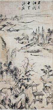 강각어장도 작가명 : 허련  년도 : 19세기  재료 : 종이 수묵담채  크기 : 99.0X48.5cm
