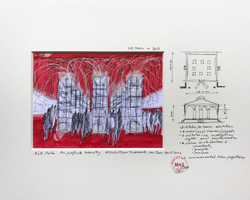 Red Light Architecture by Ico Migliore  – 40x50 cm, black pen, red marker and white acrylic on paper