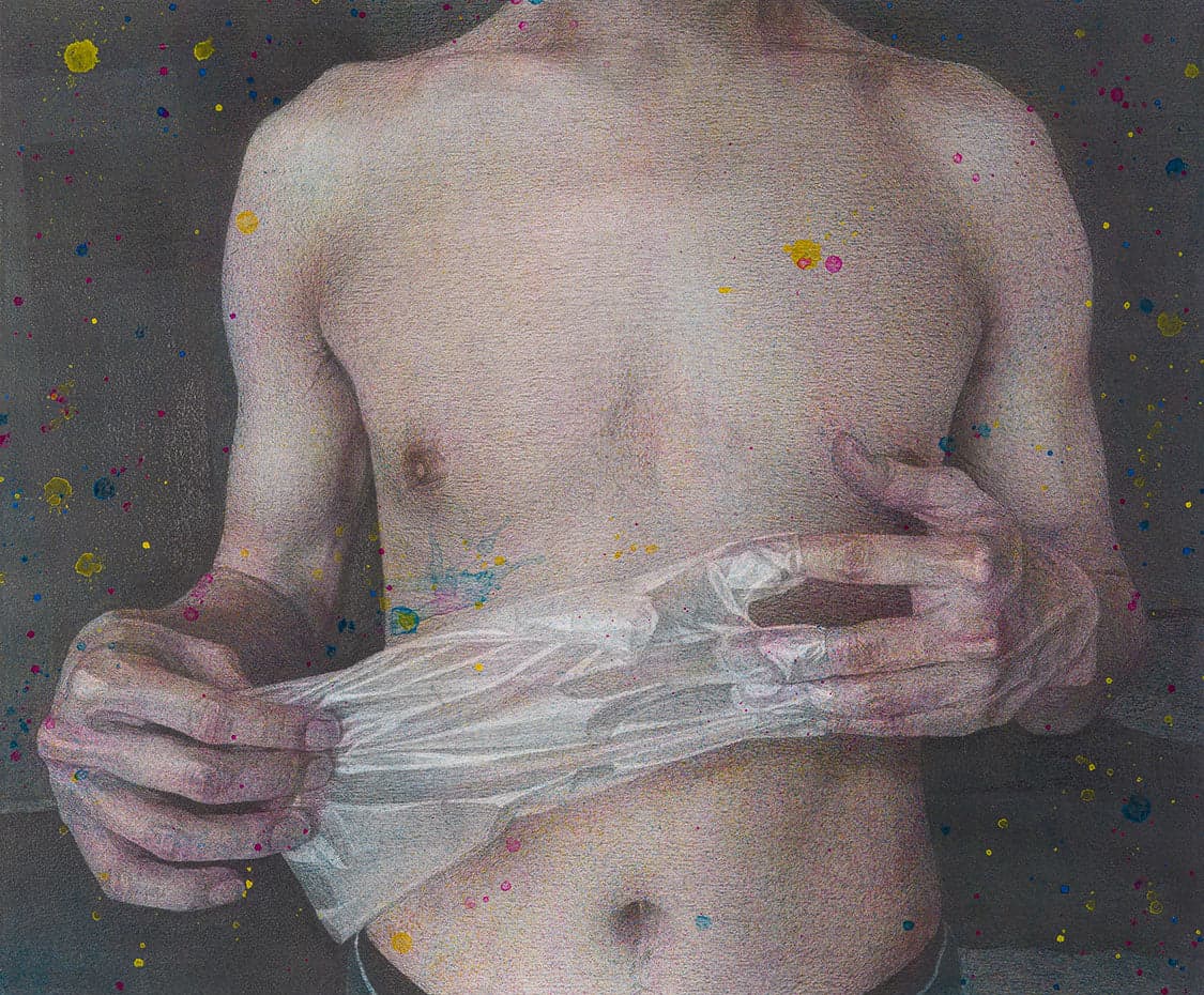 Yudai Takeuchi "Shedding" 2026, Gesso, pencil, watercolor, and varnish on wood panel, 60.6 × 72.7 cm
