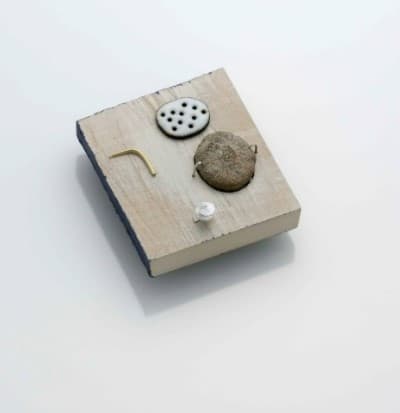 고희승, 흔적옮기기, 브로치Brooch_ 피나무, 18K 금, 925 은, 동, 칠보, 화석, 페인트  bass wood, 18K gold, sterling silver, copper, enamel, fossil, paint_ 60 x 72 x 22mm_ 2014