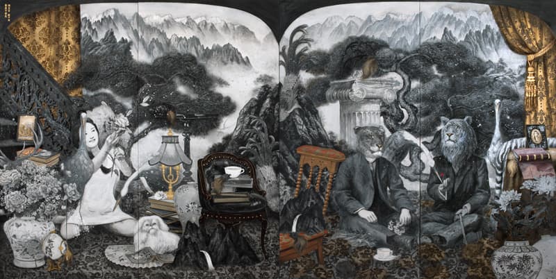 라오미  라이거와 타이곤의 초상  순지에 분채,금박  180×180㎝ each, 2pcs  2017