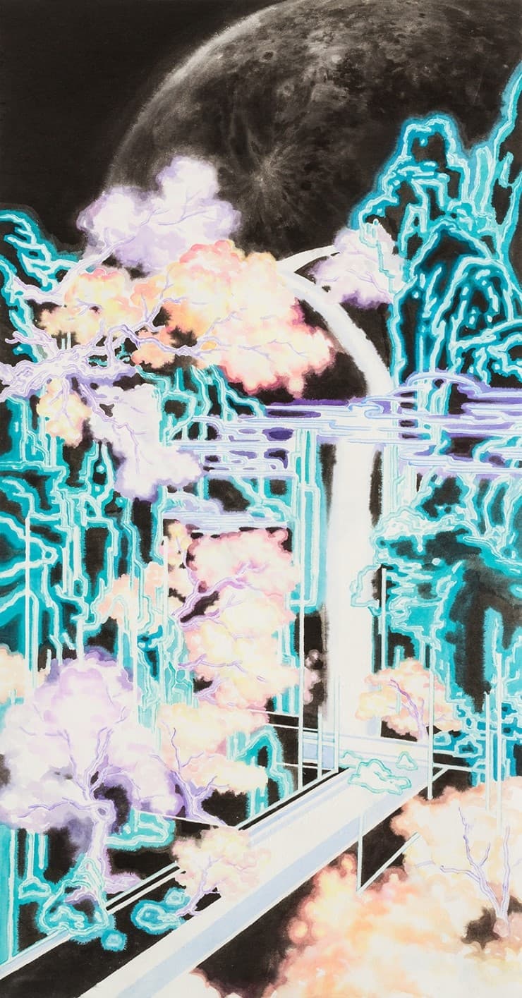 최가영, 달과 폭포, 한지에 수묵채색, 135x70cm, 2017
