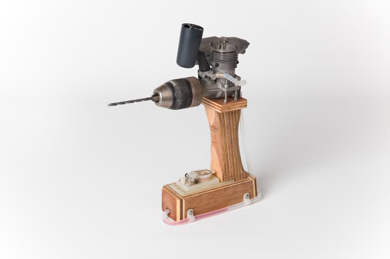 최병석, B18009 Engine, silicone hose, fuel trough, drill chuck, drill bit, plywood, bolts, nuts, washers, 28.5(h)x27.7x11cm, 2018