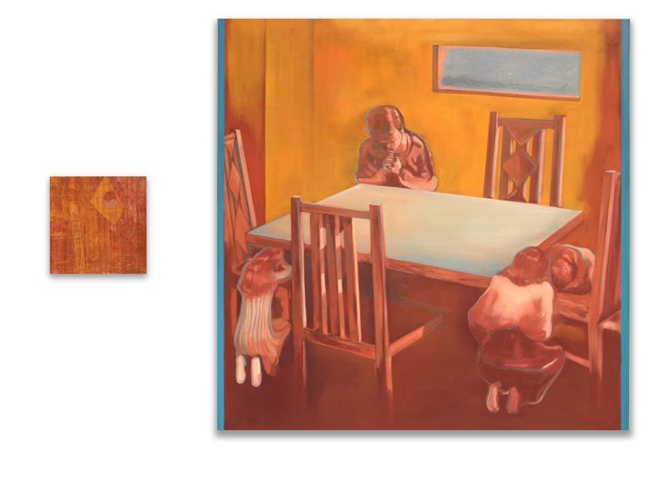 신승재, 가족 기도, 150 x 150 cm, 20 x 20 cm, 캔버스에 유채, 나무 위에 사진 전사, 2016 Seung Jae Shin, Family prayer, 150 x 150 cm, 20 x 20 cm, oil on canvas, inkjet print