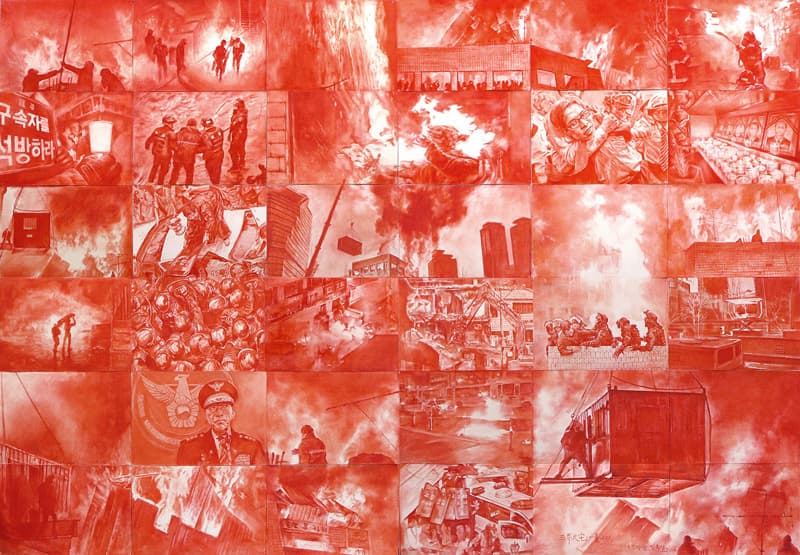 임옥상, ‹삼계화택-불›, 2016, 종이에 파스텔, 336x480cm (36pieces) [용산 화재 참사] The Anguish of Life Is Like a Burning House-Samgyehwataek Fire, 2016, Pastel on paper, 3