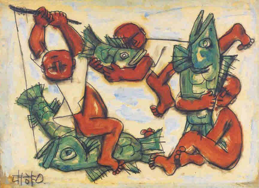 이중섭, <물고기와 아이들> 1950년대 종이에 잉크 유채, 27 x 39.5cm