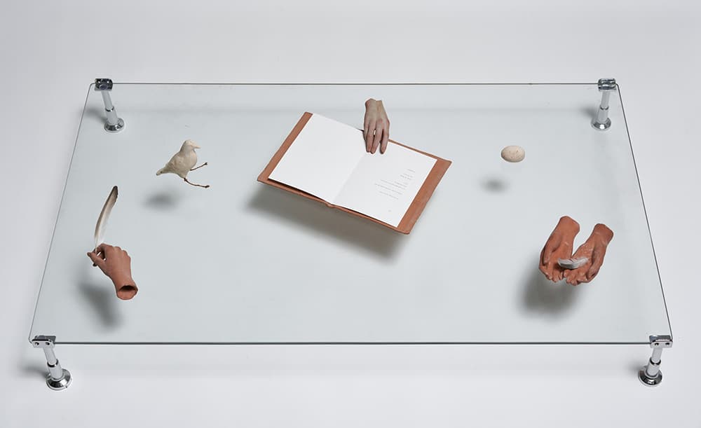 이산오, 무겁고 가벼운 것들, 2023. 도자에 색연필, 깃털, 종이에 인쇄, 나무, 가변크기.