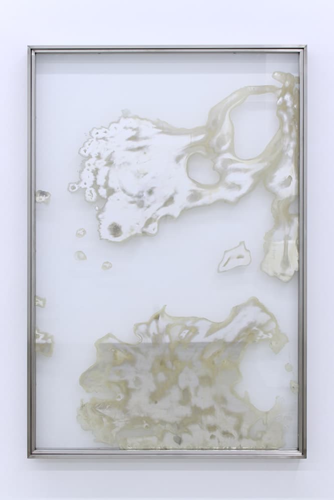 이미륵의 거울 (1)_2021_강화백유리에 은거울용액 반응, 스테인레스 스틸 프레임_120*80*6cm