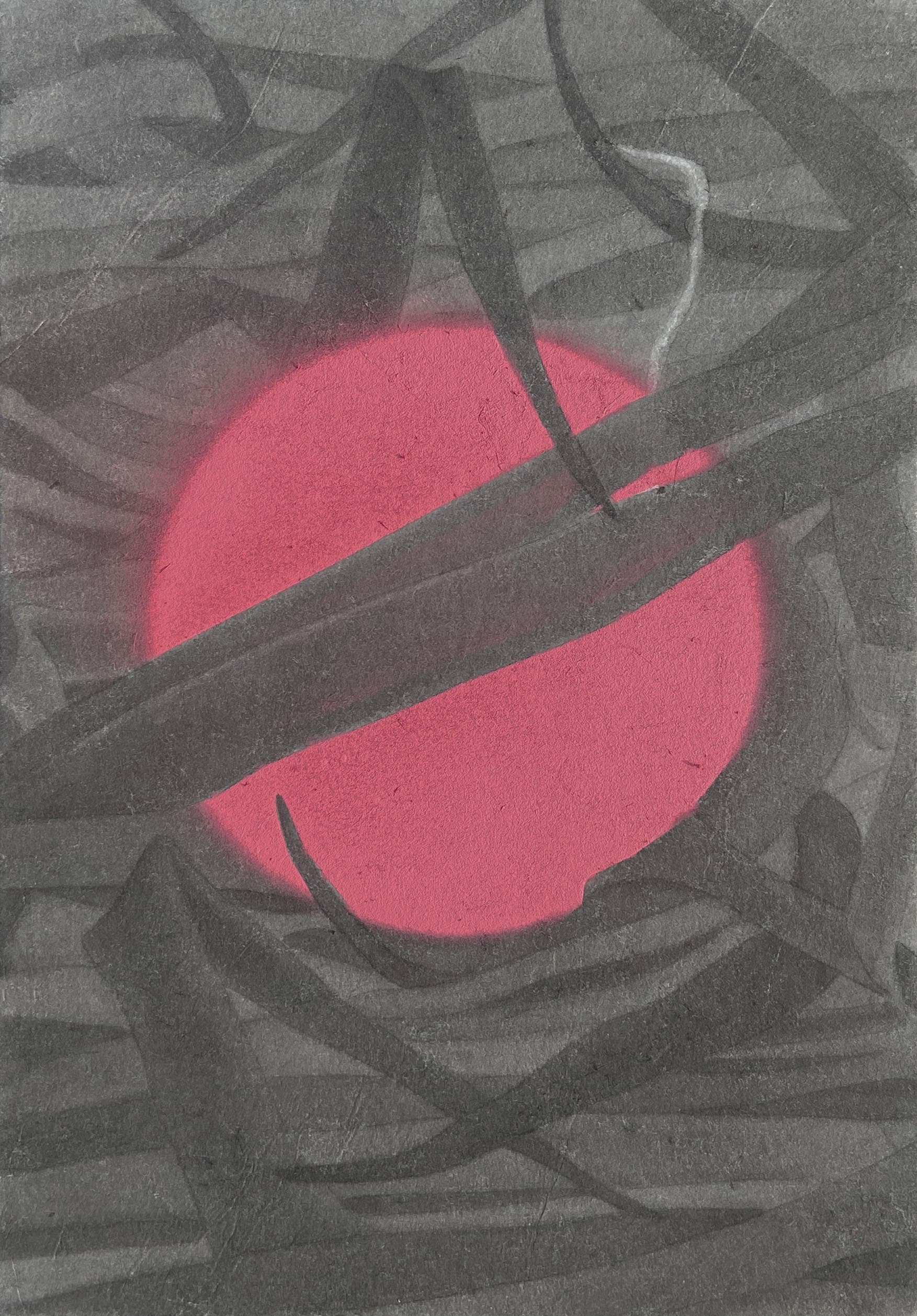 틈 사이로 빛나는 구, 장지에 먹과 스프레이, 22.7×15.8cm, 2022.