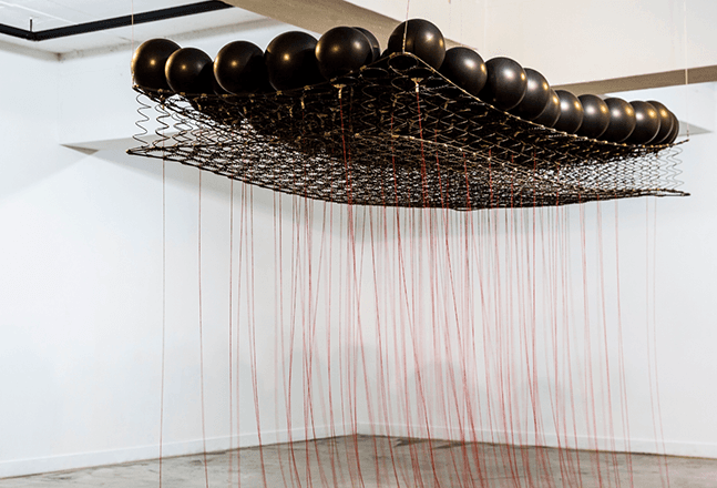 Jaehun Park, 2016, Underneath a Sleep, Mattress frame, Balloon, Red Thread, Dimension variable