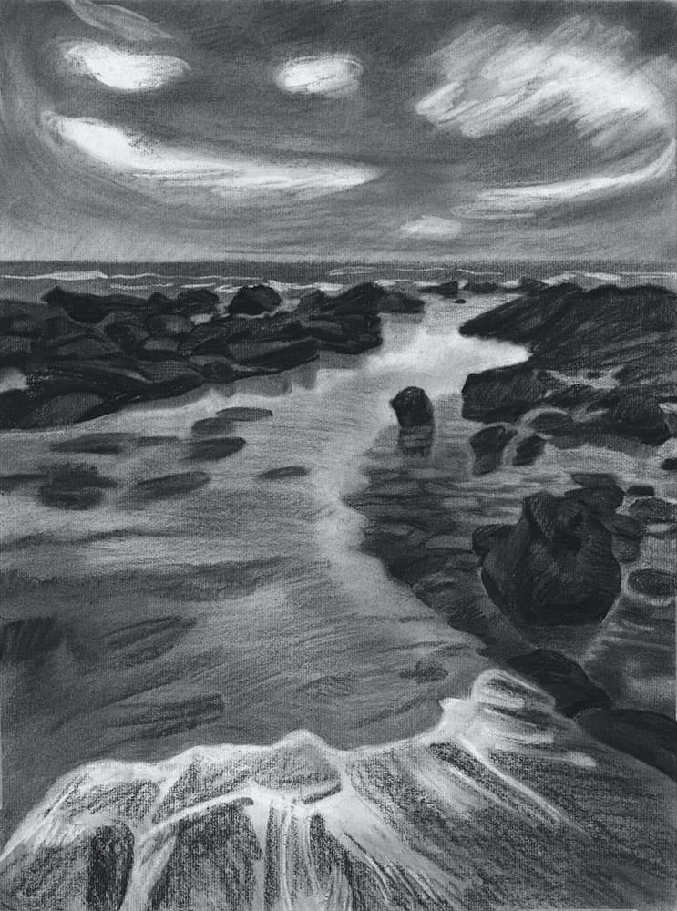 비양도에서 본 밀물, 종이에 목탄, 61.5x45.5cm, 2019