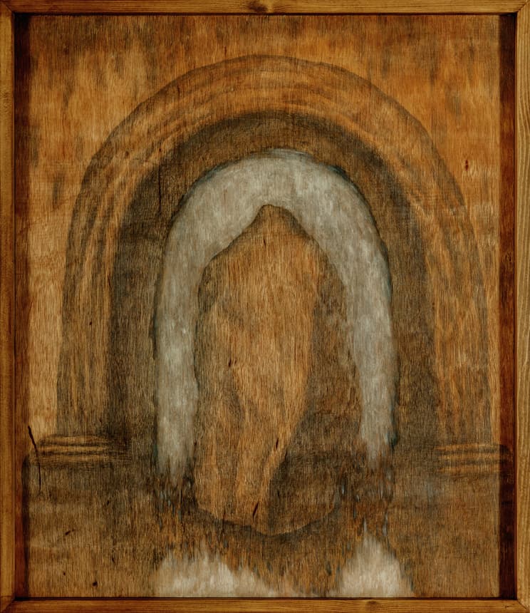 이지원, 아치 입구에 놓인 거대한 돌, 나무판넬에 연필, 유화, 73x63cm, 2019