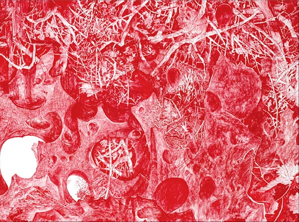 박영학, 붉은정원1891901, 130X1620cm,장지, 방해말, 목탄 숯가루, 파스텔, 분채, 2018