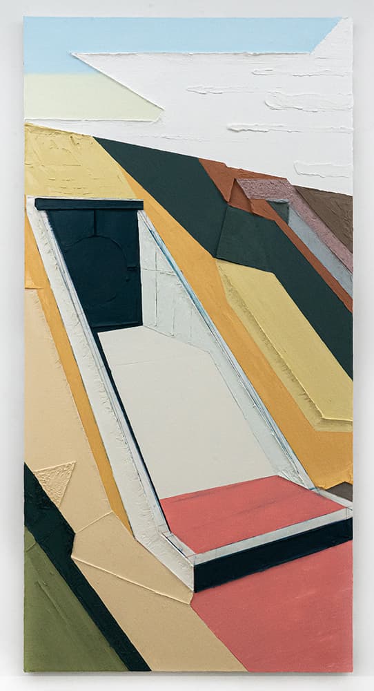 이상균, 배수통관 유출부, 캔버스에 유화, 먹줄, 마커, 얼키드, 왁스, 193.9×97.0cm 2021