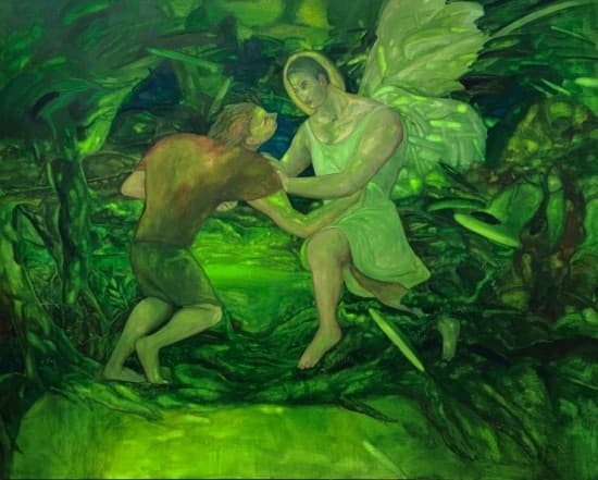 김지도, <천사와 씨름하는 야곱> 2019, watercolor and oil on paper, 162x130cm