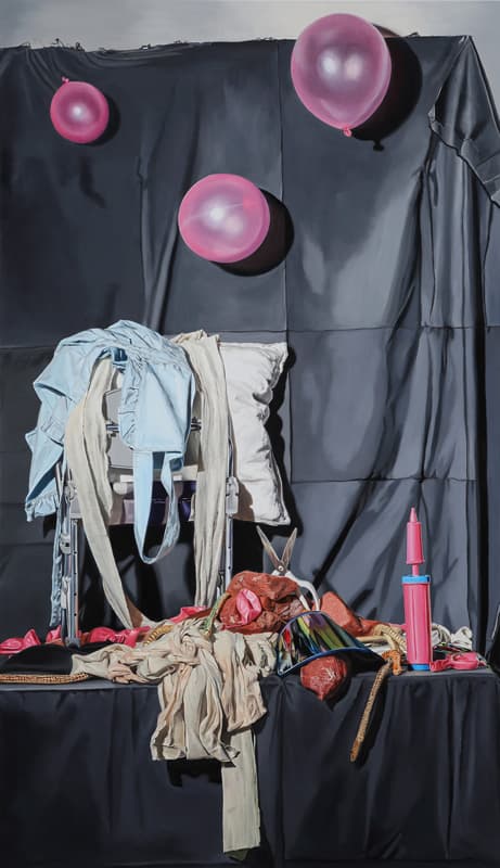 박슬기, 죽은 정물화_꽃, 뱀, 고깃덩어리 그리고 앞치마, 112.1x193.9cm, 캔버스에 유채, 2018